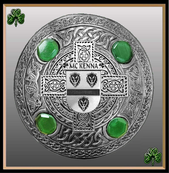 McKenna Irish Coat of Arms Celtic Cross Plaid Brooch with Green Stones