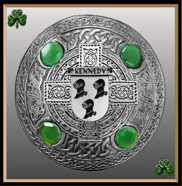 Kennedy Irish Coat of Arms Celtic Cross Plaid Brooch with Green Stones