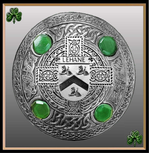 Lehane Irish Coat of Arms Celtic Cross Plaid Brooch with Green Stones