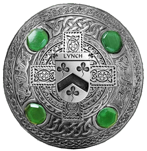 Lynch Irish Coat of Arms Celtic Cross Plaid Brooch with Green Stones