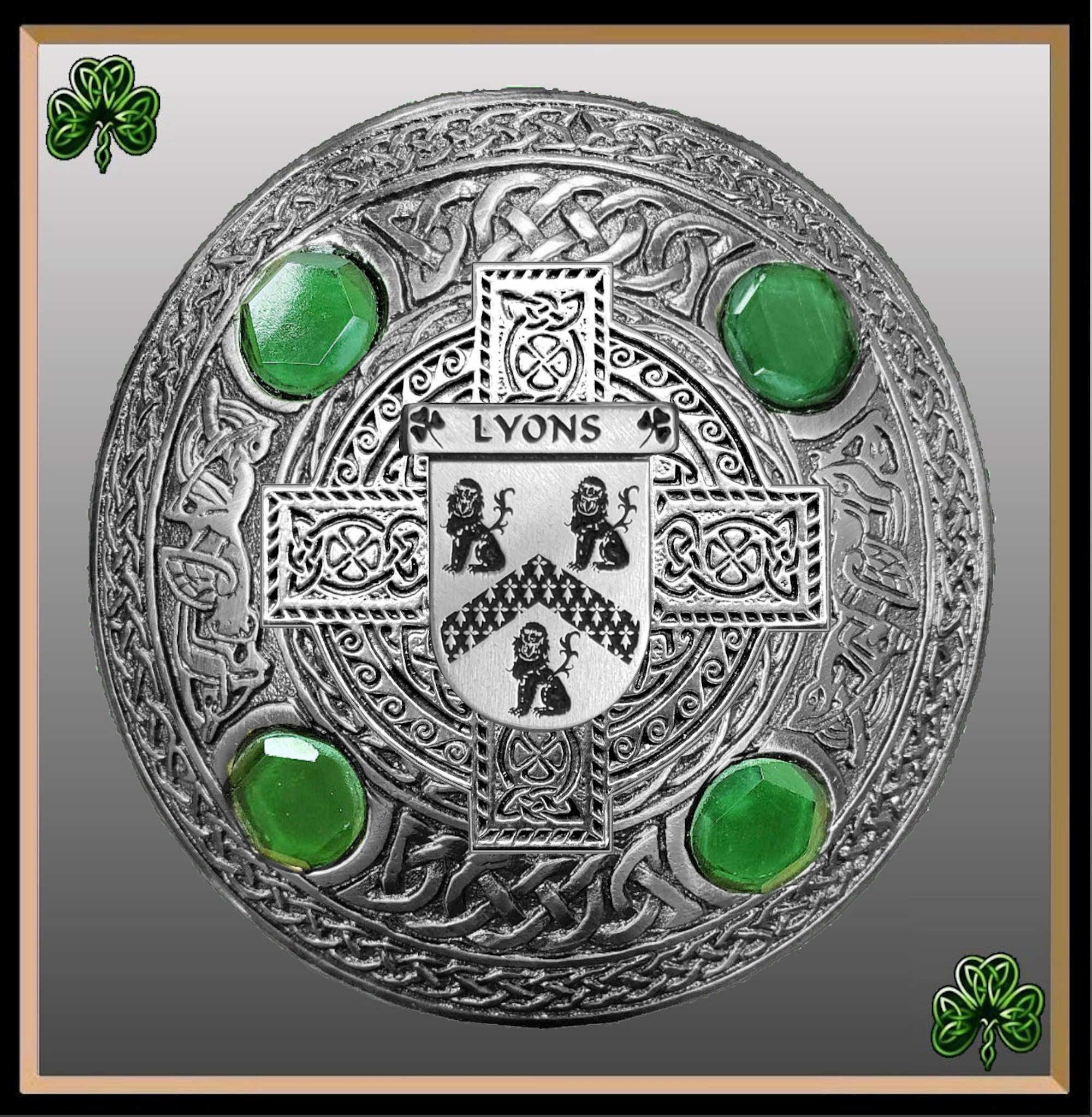 Lyons Irish Coat of Arms Celtic Cross Plaid Brooch with Green Stones