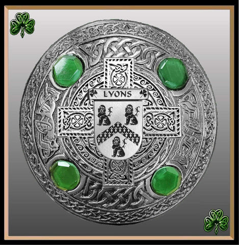 Lyons Irish Coat of Arms Celtic Cross Plaid Brooch with Green Stones