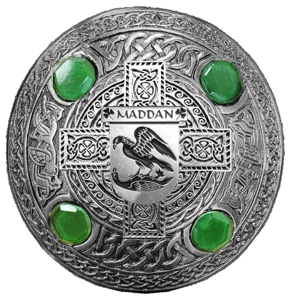 Maddan Irish Coat of Arms Celtic Cross Plaid Brooch with Green Stones