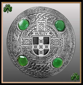 Hurley Irish Coat of Arms Celtic Cross Plaid Brooch with Green Stones