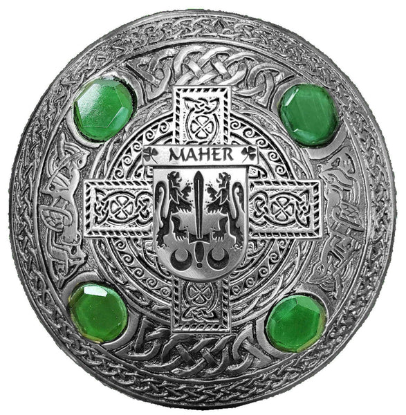 Maher Irish Coat of Arms Celtic Cross Plaid Brooch with Green Stones