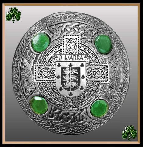 O'Marra Irish Coat of Arms Celtic Cross Plaid Brooch with Green Stones