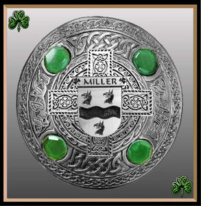 Miller (Claire) Irish Coat of Arms Celtic Cross Plaid Brooch with Green Stones