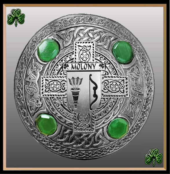 Molony Irish Coat of Arms Celtic Cross Plaid Brooch with Green Stones