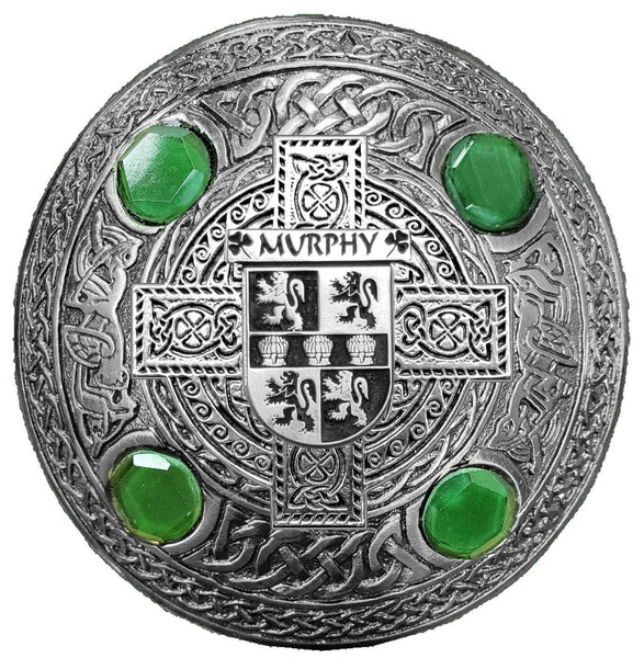 Murphy Irish Coat of Arms Celtic Design Plaid Brooch with Green Stones