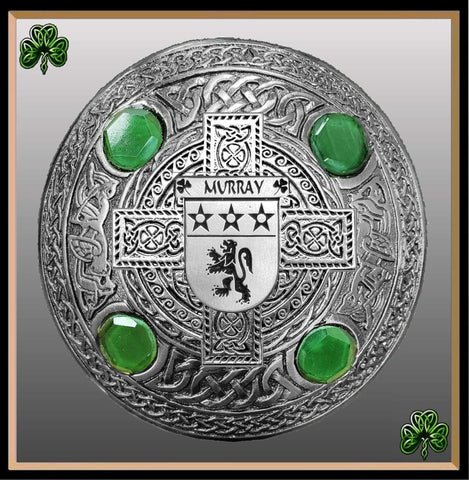 Murray  Irish Coat of Arms Celtic Cross Plaid Brooch with Green Stones