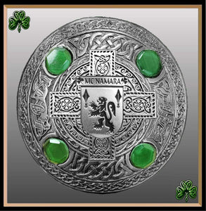 McNamara Irish Coat of Arms Celtic Cross Plaid Brooch with Green Stones