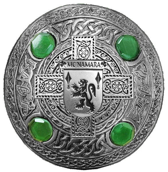 McNamara Irish Coat of Arms Celtic Cross Plaid Brooch with Green Stones