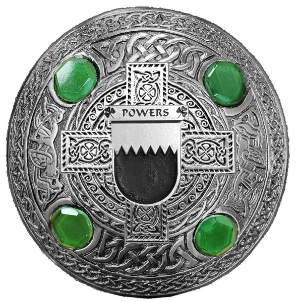Powers Irish Coat of Arms Celtic Cross Plaid Brooch with Green Stones