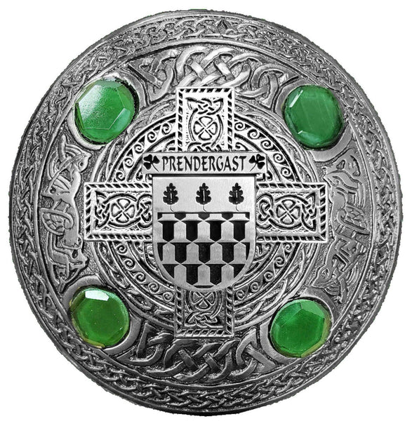 Prendergast (Wexford) Irish Coat of Arms Celtic Cross Plaid Brooch with Green Stones