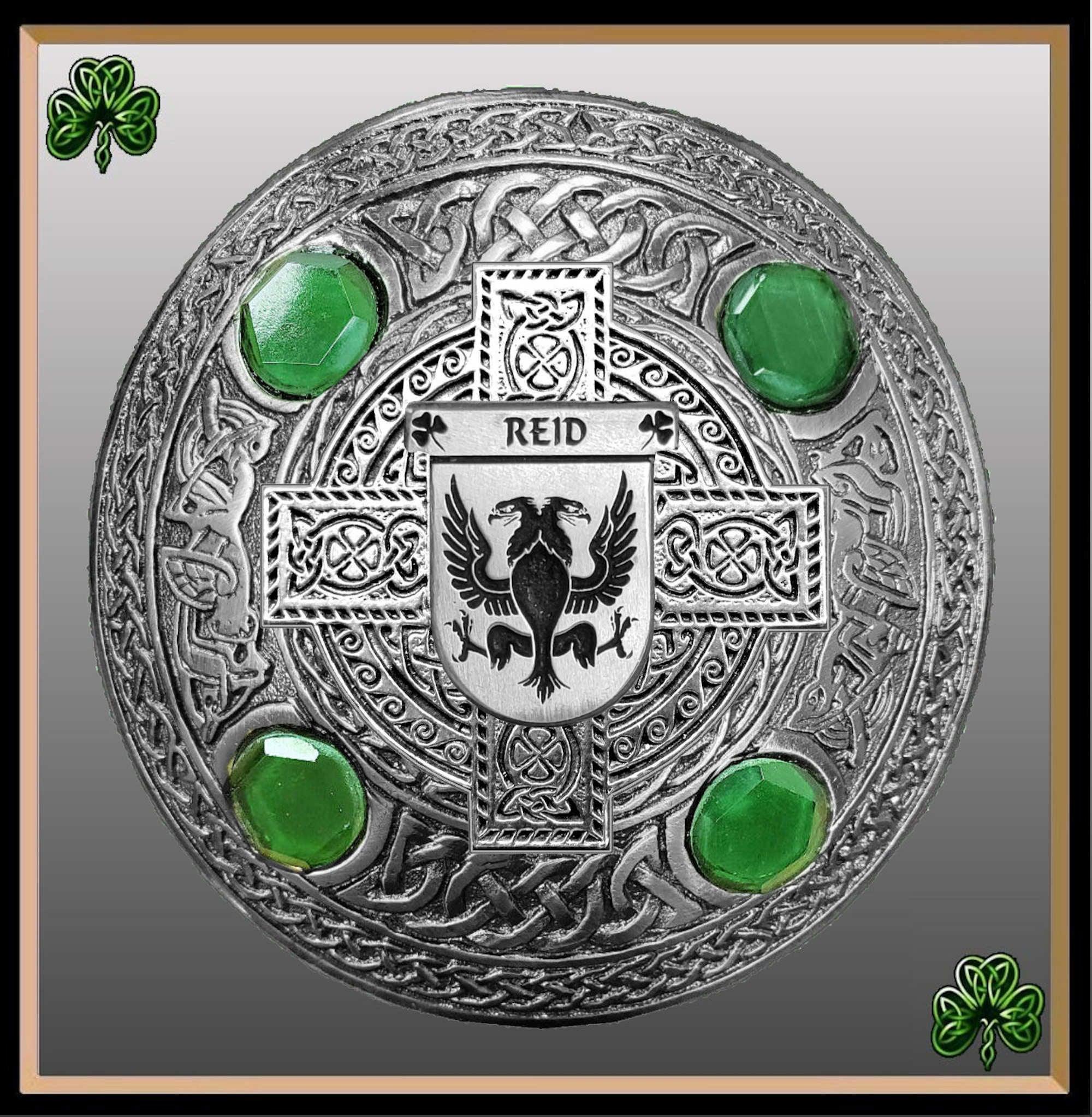 Reid Irish Coat of Arms Celtic Cross Plaid Brooch with Green Stones