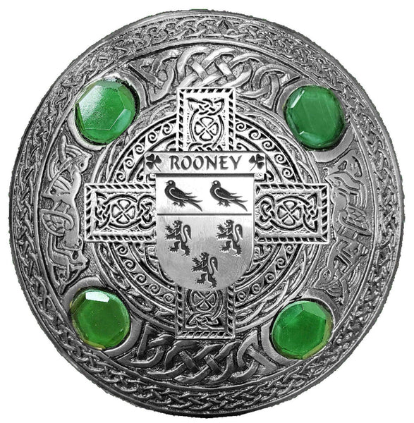 Rooney Irish Coat of Arms Celtic Cross Plaid Brooch with Green Stones