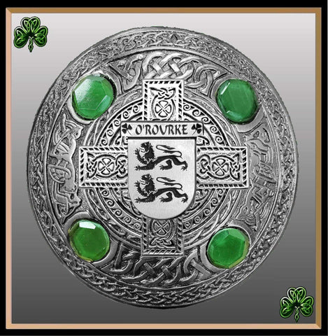 O'Rourke Irish Coat of Arms Celtic Cross Plaid Brooch with Green Stones