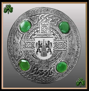 Shaughnessy Irish Coat of Arms Celtic Cross Plaid Brooch with Green Stones