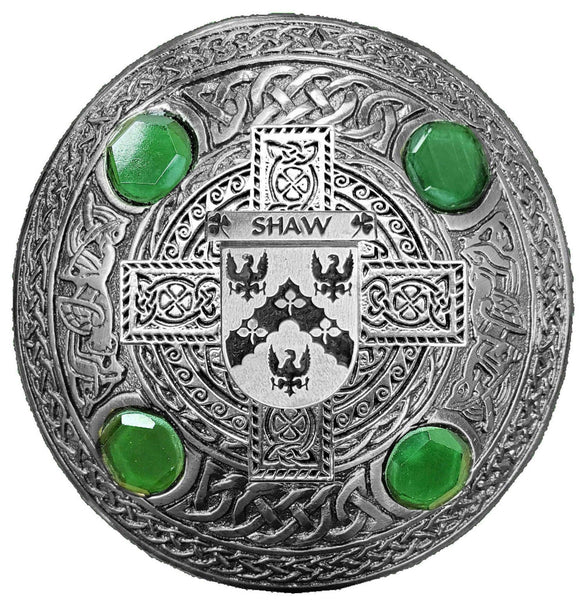 Shaw Irish Coat of Arms Celtic Cross Plaid Brooch with Green Stones