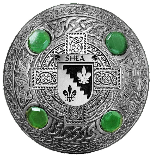 Shea Irish Coat of Arms Celtic Cross Plaid Brooch with Green Stones