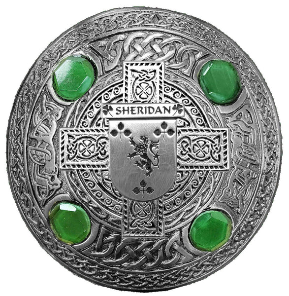 Sheridan Irish Coat of Arms Celtic Cross Plaid Brooch with Green Stones