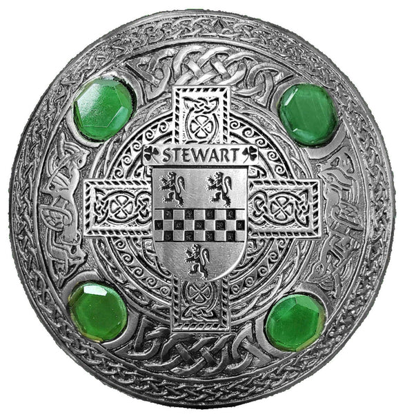 Stewart Irish Coat of Arms Celtic Cross Plaid Brooch with Green Stones