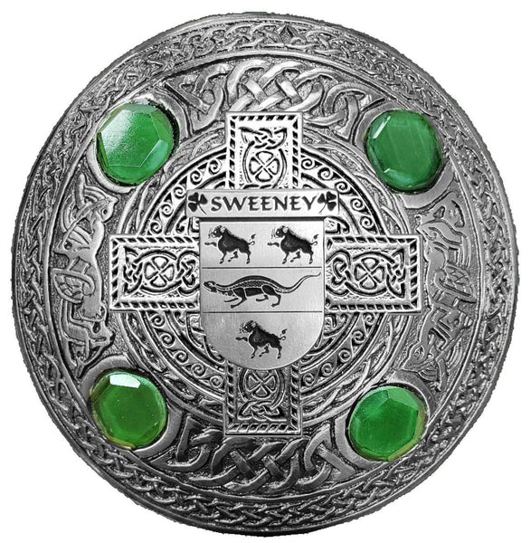 Sweeney Irish Coat of Arms Celtic Cross Plaid Brooch with Green Stones