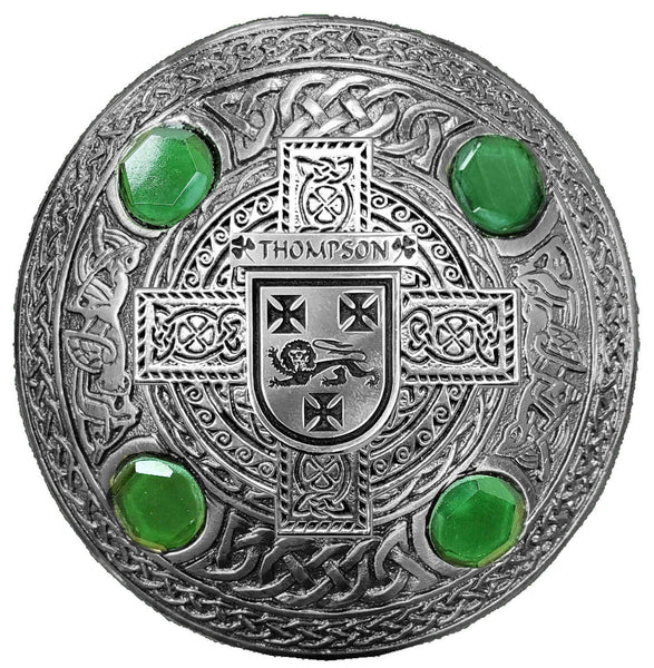 Thompson Irish Coat of Arms Celtic Cross Plaid Brooch with Green Stones