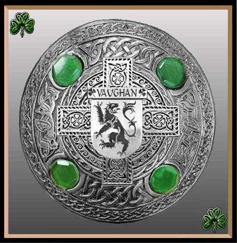 Vaughan Irish Coat of Arms Celtic Cross Plaid Brooch with Green Stones