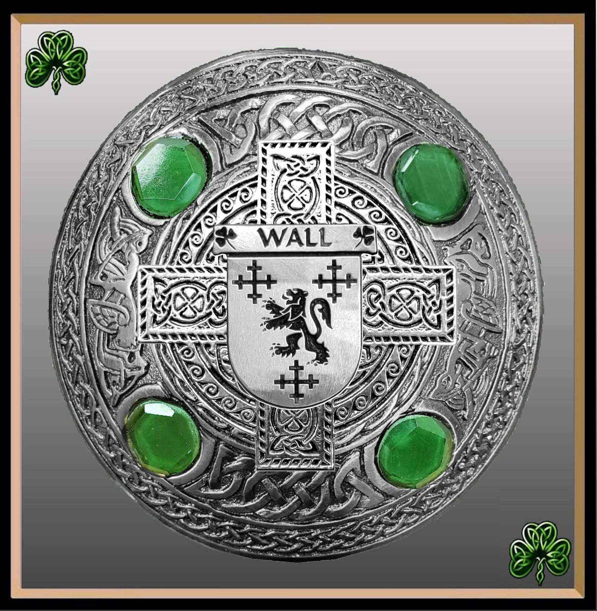 Wall Irish Coat of Arms Celtic Cross Plaid Brooch with Green Stones