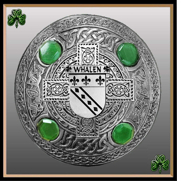 Whalen Irish Coat of Arms Celtic Cross Plaid Brooch with Green Stones