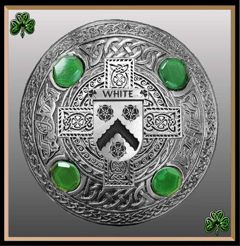 White Irish Coat of Arms Celtic Cross Plaid Brooch with Green Stones