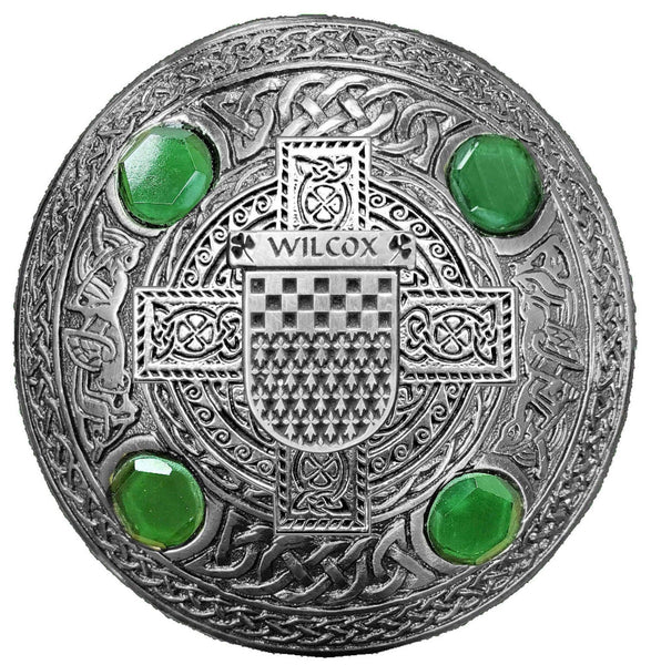 Wilcox Irish Coat of Arms Celtic Cross Plaid Brooch with Green Stones