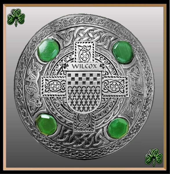 Wilcox Irish Coat of Arms Celtic Cross Plaid Brooch with Green Stones