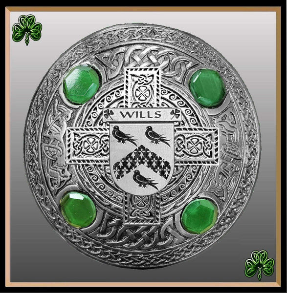 Wills Irish Coat of Arms Celtic Cross Plaid Brooch with Green Stones
