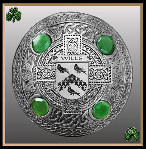Wills Irish Coat of Arms Celtic Cross Plaid Brooch with Green Stones