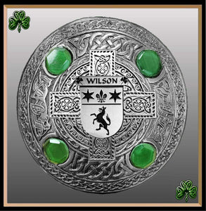 Wilson Irish Coat of Arms Celtic Cross Plaid Brooch with Green Stones