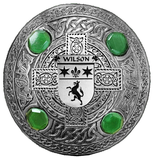 Wilson Irish Coat of Arms Celtic Cross Plaid Brooch with Green Stones