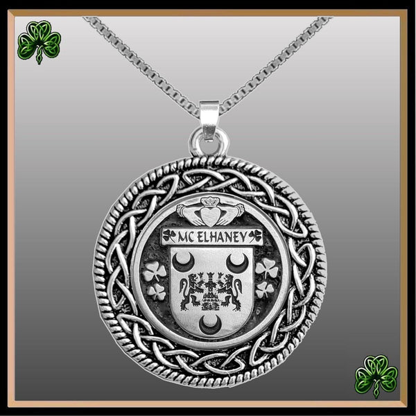 McElhaney Irish Coat of Arms Celtic Interlace Disk Pendant ~ IP06