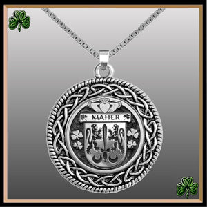Maher Irish Coat of Arms Celtic Interlace Disk Pendant ~ IP06