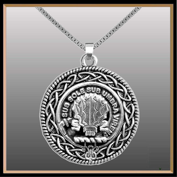 Irvine Clan Crest Celtic Interlace Disk Pendant, Scottish Family Crest  ~ CLP06