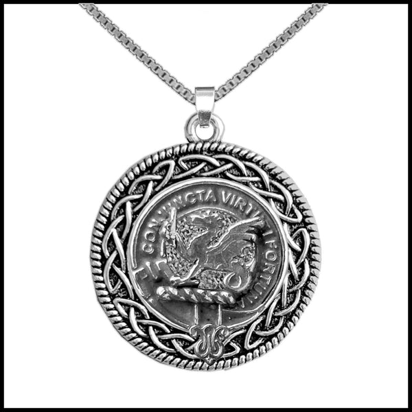 MacBeth Clan Crest Celtic Interlace Disk Pendant, Scottish Family Crest  ~ CLP06
