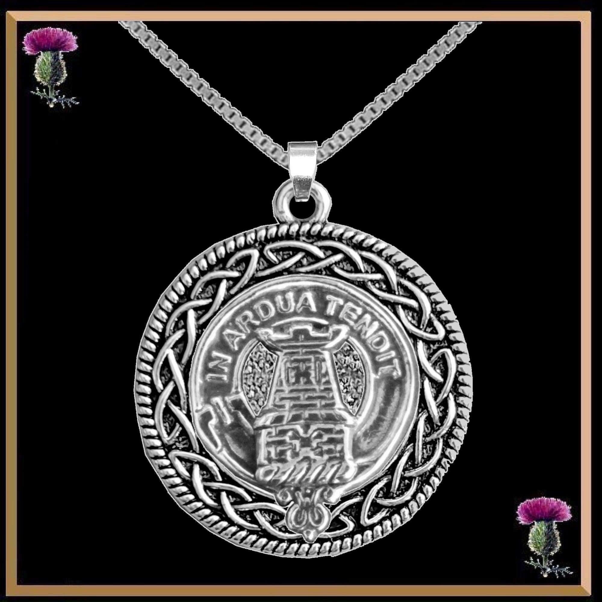 Malcolm Clan Crest Celtic Interlace Disk Pendant, Scottish Family Crest  ~ CLP06