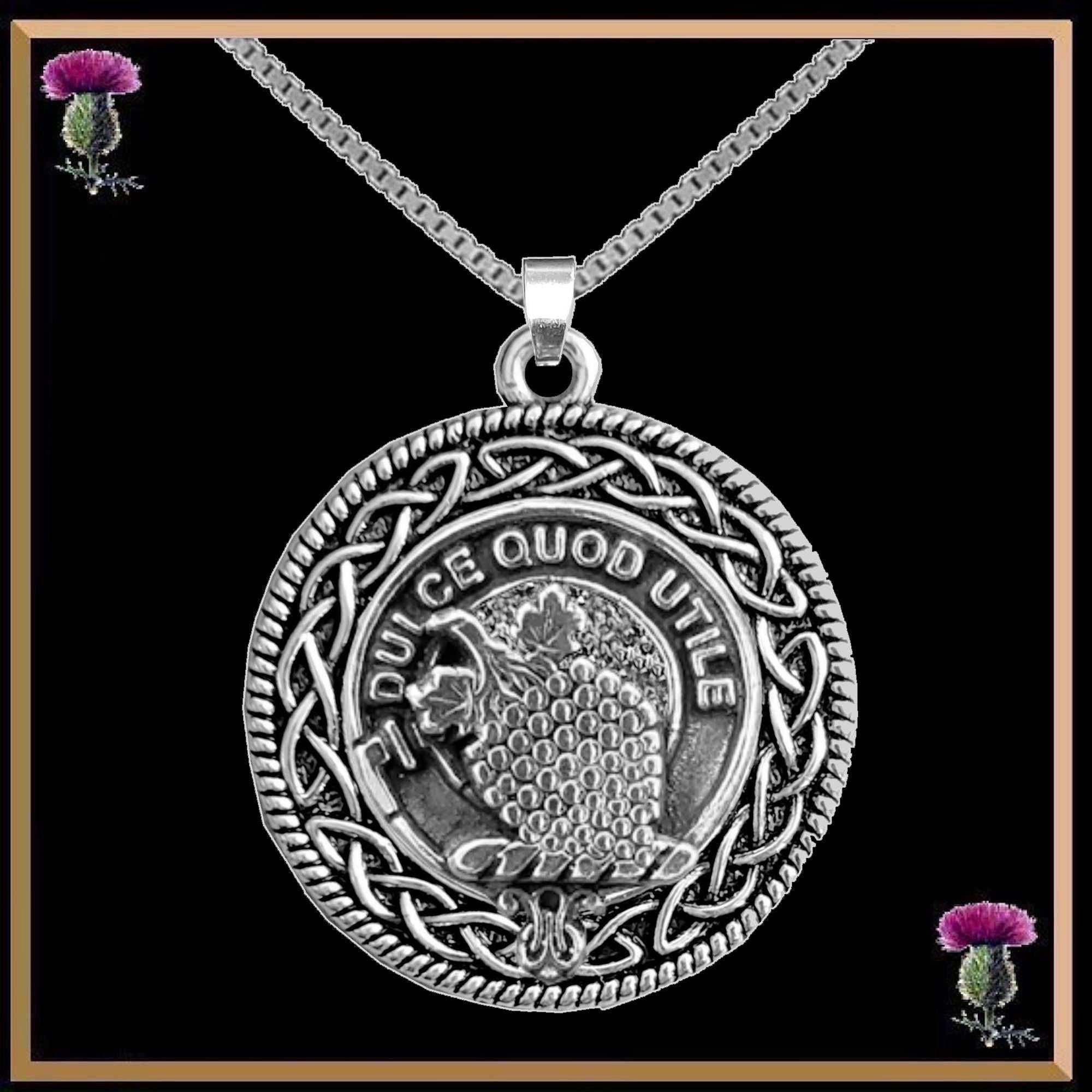 Strang Clan Crest Celtic Interlace Disk Pendant, Scottish Family Crest  ~ CLP06