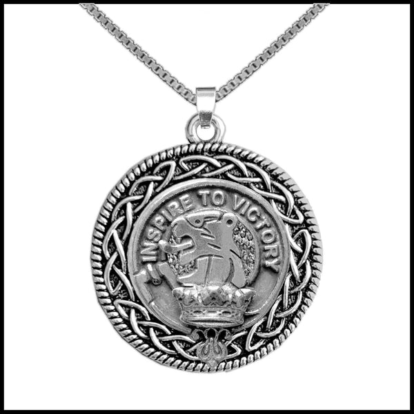 Currie Clan Crest Celtic Interlace Disk Pendant, Scottish Family Crest  ~ CLP06