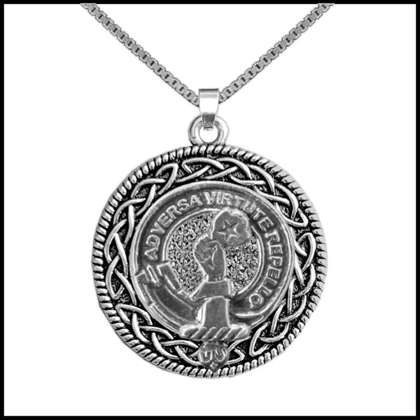 Denniston Clan Crest Celtic Interlace Disk Pendant, Scottish Family Crest  ~ CLP06
