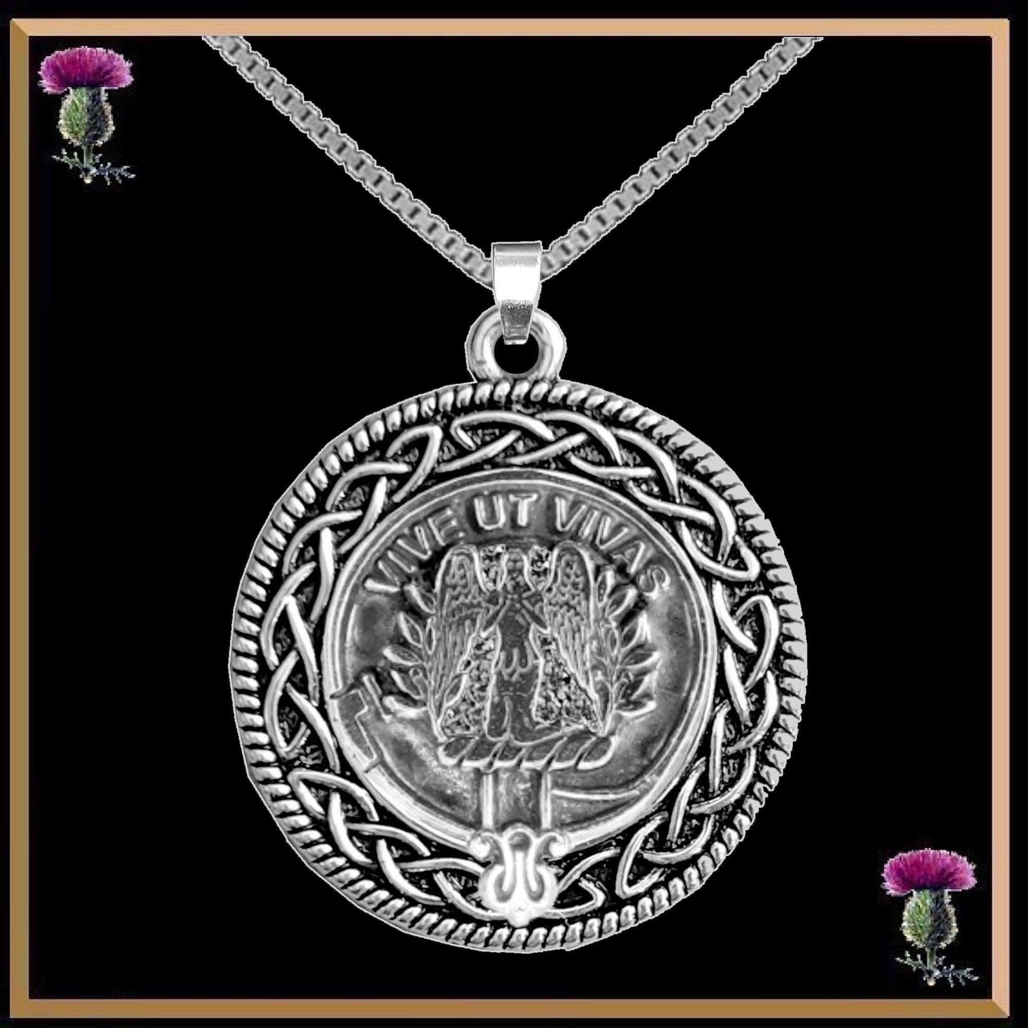 Falconer Clan Crest Celtic Interlace Disk Pendant, Scottish Family Crest  ~ CLP06