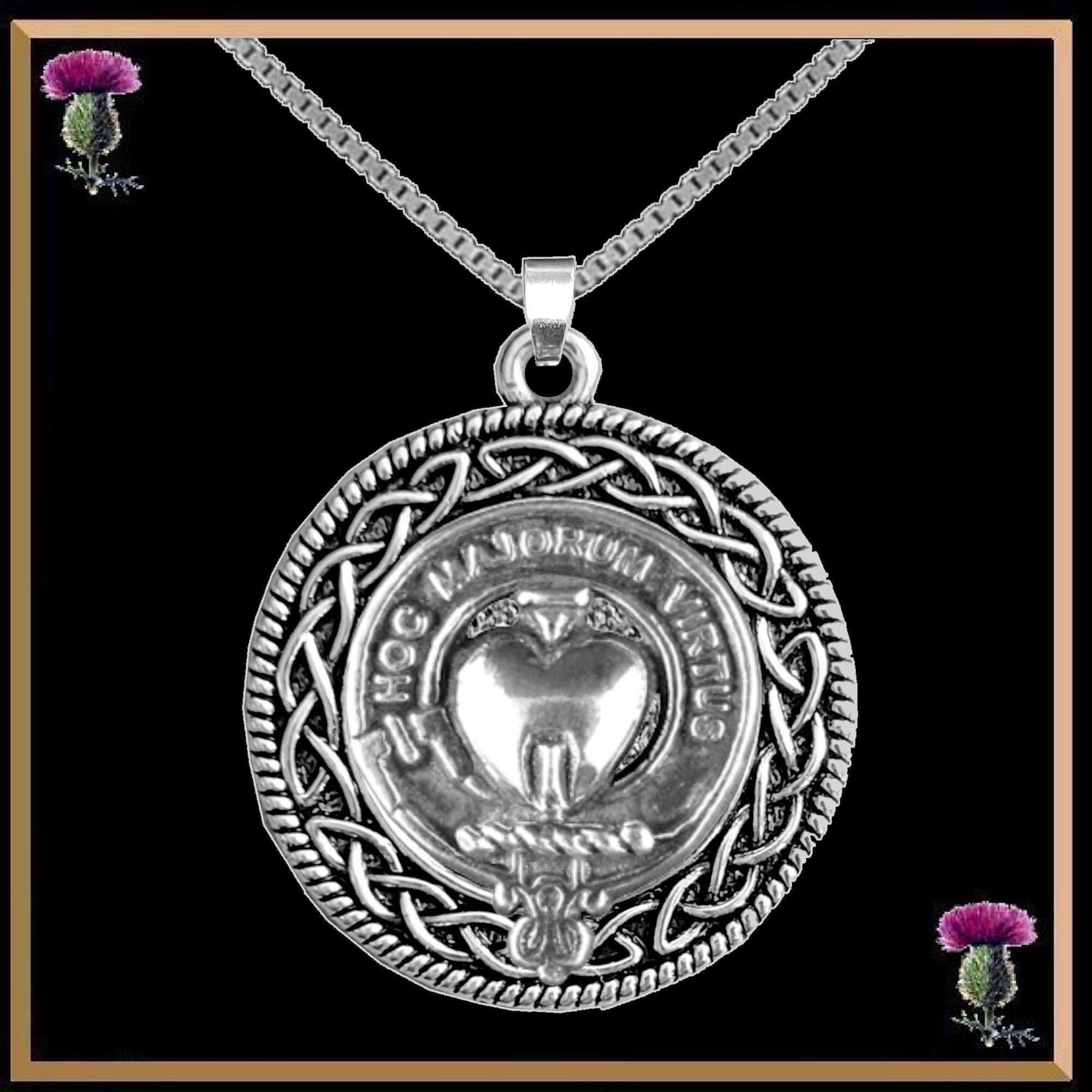 Logan Clan Crest Celtic Interlace Disk Pendant, Scottish Family Crest  ~ CLP06