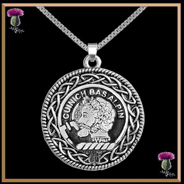 MacAlpin Clan Crest Celtic Interlace Disk Pendant, Scottish Family Crest  ~ CLP06