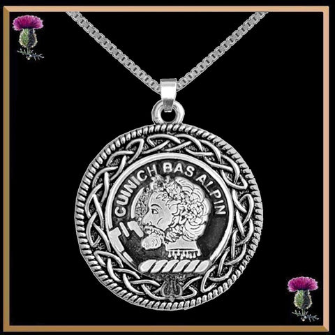 MacAlpin Clan Crest Celtic Interlace Disk Pendant, Scottish Family Crest  ~ CLP06